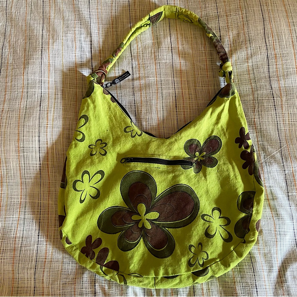 Green & brown floral hobo shoulder bag